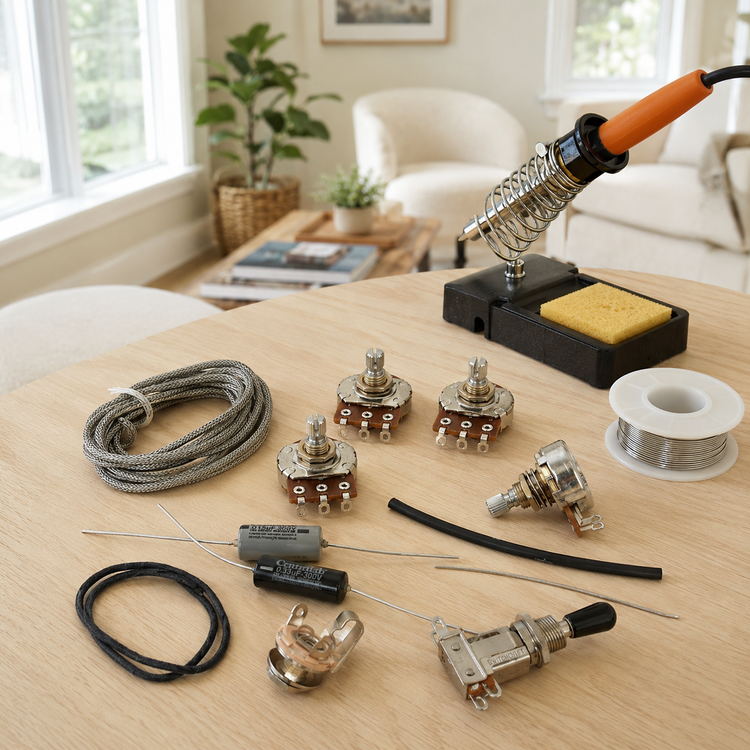 Complete DIY guitar wiring kit with Bourns pots, Gavitt wire, and Switchcraft output jack